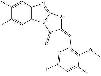 2-(3,5-diiodo-2-methoxybenzylidene)-6,7-dimethyl[1,3]thiazolo[3,2-a]benzimidazol-3(2H)-one Struktur