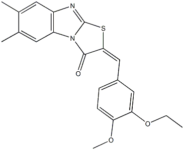 2-(3-ethoxy-4-methoxybenzylidene)-6,7-dimethyl[1,3]thiazolo[3,2-a]benzimidazol-3(2H)-one Struktur