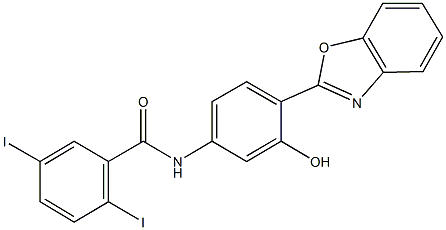 N-[4-(1,3-benzoxazol-2-yl)-3-hydroxyphenyl]-2,5-diiodobenzamide Struktur