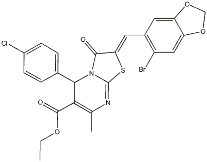 ethyl 2-[(6-bromo-1,3-benzodioxol-5-yl)methylene]-5-(4-chlorophenyl)-7-methyl-3-oxo-2,3-dihydro-5H-[1,3]thiazolo[3,2-a]pyrimidine-6-carboxylate Struktur