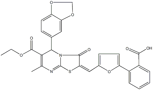 2-{5-[(5-(1,3-benzodioxol-5-yl)-6-(ethoxycarbonyl)-7-methyl-3-oxo-5H-[1,3]thiazolo[3,2-a]pyrimidin-2(3H)-ylidene)methyl]-2-furyl}benzoic acid Struktur