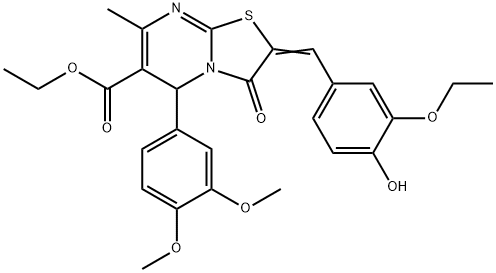 ethyl 5-(3,4-dimethoxyphenyl)-2-(3-ethoxy-4-hydroxybenzylidene)-7-methyl-3-oxo-2,3-dihydro-5H-[1,3]thiazolo[3,2-a]pyrimidine-6-carboxylate Struktur