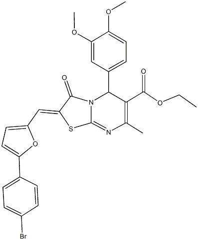 ethyl 2-{[5-(4-bromophenyl)-2-furyl]methylene}-5-(3,4-dimethoxyphenyl)-7-methyl-3-oxo-2,3-dihydro-5H-[1,3]thiazolo[3,2-a]pyrimidine-6-carboxylate Struktur