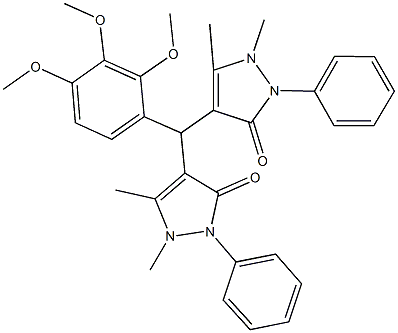 4-[(1,5-dimethyl-3-oxo-2-phenyl-2,3-dihydro-1H-pyrazol-4-yl)(2,3,4-trimethoxyphenyl)methyl]-1,5-dimethyl-2-phenyl-1,2-dihydro-3H-pyrazol-3-one Struktur