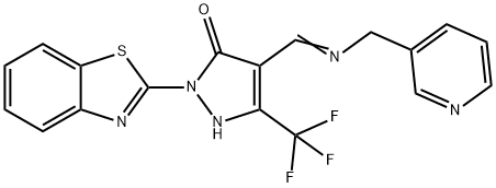 2-(1,3-benzothiazol-2-yl)-4-{[(3-pyridinylmethyl)imino]methyl}-5-(trifluoromethyl)-1,2-dihydro-3H-pyrazol-3-one Struktur