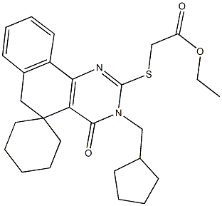 ethyl {[3-(cyclopentylmethyl)-4-oxo-3,4,5,6-tetrahydrobenzo[h]quinazolin-2-yl]sulfanyl}acetate-5-spiro-1'-cyclohexane Struktur