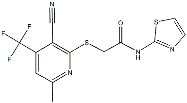 2-{[3-cyano-6-methyl-4-(trifluoromethyl)-2-pyridinyl]sulfanyl}-N-(1,3-thiazol-2-yl)acetamide Struktur