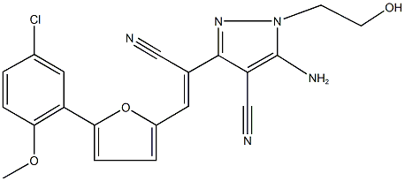 5-amino-3-{2-[5-(5-chloro-2-methoxyphenyl)-2-furyl]-1-cyanovinyl}-1-(2-hydroxyethyl)-1H-pyrazole-4-carbonitrile Struktur