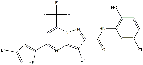 3-bromo-5-(4-bromothien-2-yl)-N-(5-chloro-2-hydroxyphenyl)-7-(trifluoromethyl)pyrazolo[1,5-a]pyrimidine-2-carboxamide Struktur