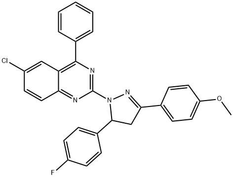 4-[1-(6-chloro-4-phenylquinazolin-2-yl)-5-(4-fluorophenyl)-4,5-dihydro-1H-pyrazol-3-yl]phenyl methyl ether Struktur