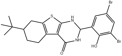 7-tert-butyl-2-(3,5-dibromo-2-hydroxyphenyl)-2,3,5,6,7,8-hexahydro[1]benzothieno[2,3-d]pyrimidin-4(1H)-one Struktur