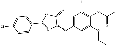 4-[(2-(4-chlorophenyl)-5-oxo-1,3-oxazol-4(5H)-ylidene)methyl]-2-ethoxy-6-iodophenyl acetate Struktur