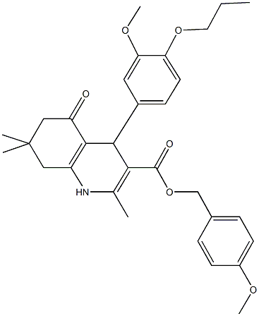 4-methoxybenzyl 4-(3-methoxy-4-propoxyphenyl)-2,7,7-trimethyl-5-oxo-1,4,5,6,7,8-hexahydro-3-quinolinecarboxylate Struktur