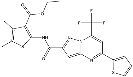 ethyl 4,5-dimethyl-2-({[5-(2-thienyl)-7-(trifluoromethyl)pyrazolo[1,5-a]pyrimidin-2-yl]carbonyl}amino)-3-thiophenecarboxylate Struktur