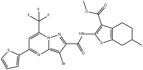 methyl 2-({[3-bromo-5-(2-thienyl)-7-(trifluoromethyl)pyrazolo[1,5-a]pyrimidin-2-yl]carbonyl}amino)-6-methyl-4,5,6,7-tetrahydro-1-benzothiophene-3-carboxylate Struktur