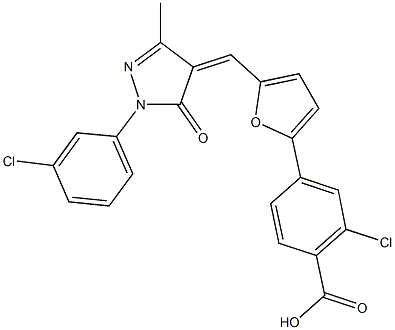 2-chloro-4-(5-{[1-(3-chlorophenyl)-3-methyl-5-oxo-1,5-dihydro-4H-pyrazol-4-ylidene]methyl}-2-furyl)benzoic acid Struktur