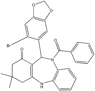 10-benzoyl-11-(6-bromo-1,3-benzodioxol-5-yl)-3,3-dimethyl-2,3,4,5,10,11-hexahydro-1H-dibenzo[b,e][1,4]diazepin-1-one Struktur