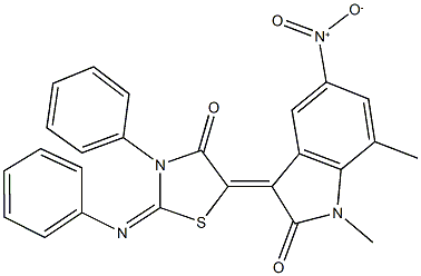 5-nitro-1,7-dimethyl-3-[4-oxo-3-phenyl-2-(phenylimino)-1,3-thiazolidin-5-ylidene]-1,3-dihydro-2H-indol-2-one Struktur