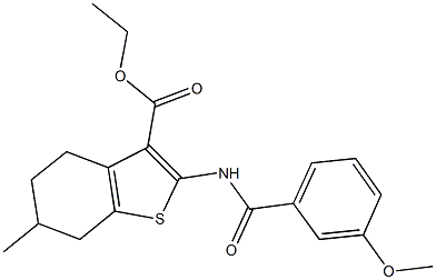 ethyl 2-[(3-methoxybenzoyl)amino]-6-methyl-4,5,6,7-tetrahydro-1-benzothiophene-3-carboxylate Struktur