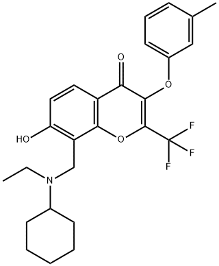 8-{[cyclohexyl(ethyl)amino]methyl}-7-hydroxy-3-(3-methylphenoxy)-2-(trifluoromethyl)-4H-chromen-4-one Struktur