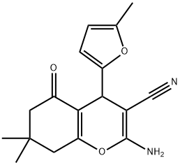 2-amino-7,7-dimethyl-4-(5-methyl-2-furyl)-5-oxo-5,6,7,8-tetrahydro-4H-chromene-3-carbonitrile Struktur