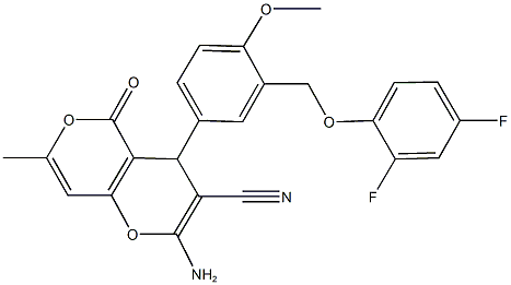 2-amino-4-{3-[(2,4-difluorophenoxy)methyl]-4-methoxyphenyl}-7-methyl-5-oxo-4H,5H-pyrano[4,3-b]pyran-3-carbonitrile Struktur