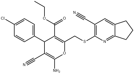 ethyl 6-amino-4-(4-chlorophenyl)-5-cyano-2-{[(3-cyano-6,7-dihydro-5H-cyclopenta[b]pyridin-2-yl)sulfanyl]methyl}-4H-pyran-3-carboxylate Struktur