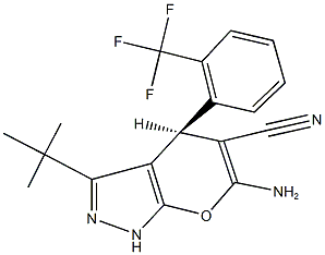 6-amino-3-tert-butyl-4-[2-(trifluoromethyl)phenyl]-1,4-dihydropyrano[2,3-c]pyrazole-5-carbonitrile Struktur