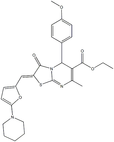 ethyl 5-(4-methoxyphenyl)-7-methyl-3-oxo-2-{[5-(1-piperidinyl)-2-furyl]methylene}-2,3-dihydro-5H-[1,3]thiazolo[3,2-a]pyrimidine-6-carboxylate Struktur