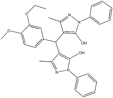 4-[(3-ethoxy-4-methoxyphenyl)(5-hydroxy-3-methyl-1-phenyl-1H-pyrazol-4-yl)methyl]-3-methyl-1-phenyl-1H-pyrazol-5-ol Struktur