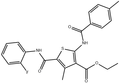 ethyl 5-{[(2-fluorophenyl)amino]carbonyl}-4-methyl-2-{[(4-methylphenyl)carbonyl]amino}thiophene-3-carboxylate Struktur