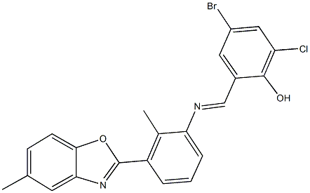 4-bromo-2-chloro-6-({[2-methyl-3-(5-methyl-1,3-benzoxazol-2-yl)phenyl]imino}methyl)phenol Struktur