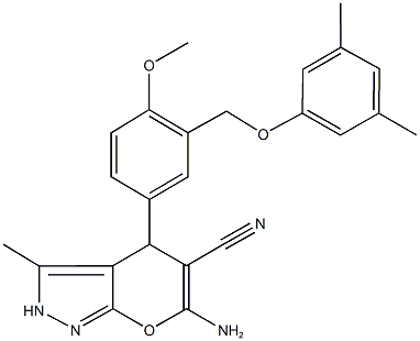 6-amino-4-{3-[(3,5-dimethylphenoxy)methyl]-4-methoxyphenyl}-3-methyl-2,4-dihydropyrano[2,3-c]pyrazole-5-carbonitrile Struktur