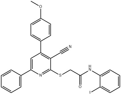 2-{[3-cyano-4-(4-methoxyphenyl)-6-phenylpyridin-2-yl]sulfanyl}-N-(2-iodophenyl)acetamide Struktur