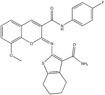 2-{[3-(aminocarbonyl)-4,5,6,7-tetrahydro-1-benzothien-2-yl]imino}-N-(4-fluorophenyl)-8-methoxy-2H-chromene-3-carboxamide Struktur