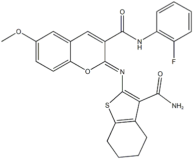 2-{[3-(aminocarbonyl)-4,5,6,7-tetrahydro-1-benzothien-2-yl]imino}-N-(2-fluorophenyl)-6-methoxy-2H-chromene-3-carboxamide Struktur