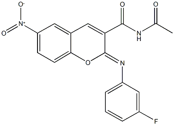 N-acetyl-2-[(3-fluorophenyl)imino]-6-nitro-2H-chromene-3-carboxamide Struktur