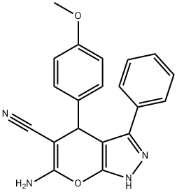 6-amino-4-(4-methoxyphenyl)-3-phenyl-2,4-dihydropyrano[2,3-c]pyrazole-5-carbonitrile Struktur