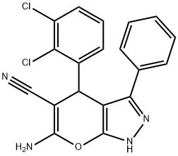 6-amino-4-(2,3-dichlorophenyl)-3-phenyl-2,4-dihydropyrano[2,3-c]pyrazole-5-carbonitrile Struktur