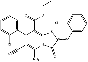 ethyl 5-amino-2-(2-chlorobenzylidene)-7-(2-chlorophenyl)-6-cyano-3-oxo-2,3-dihydro-7H-[1,3]thiazolo[3,2-a]pyridine-8-carboxylate Struktur