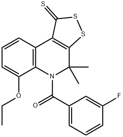 6-ethoxy-5-(3-fluorobenzoyl)-4,4-dimethyl-4,5-dihydro-1H-[1,2]dithiolo[3,4-c]quinoline-1-thione Struktur