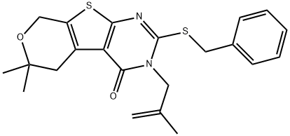 2-(benzylsulfanyl)-6,6-dimethyl-3-(2-methyl-2-propenyl)-3,5,6,8-tetrahydro-4H-pyrano[4',3':4,5]thieno[2,3-d]pyrimidin-4-one Struktur