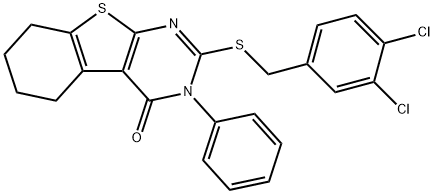 2-[(3,4-dichlorobenzyl)sulfanyl]-3-phenyl-5,6,7,8-tetrahydro[1]benzothieno[2,3-d]pyrimidin-4(3H)-one Struktur