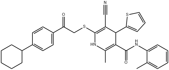 5-cyano-6-{[2-(4-cyclohexylphenyl)-2-oxoethyl]sulfanyl}-2-methyl-N-(2-methylphenyl)-4-(2-thienyl)-1,4-dihydro-3-pyridinecarboxamide Struktur