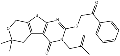 6,6-dimethyl-3-(2-methyl-2-propenyl)-2-[(2-oxo-2-phenylethyl)sulfanyl]-3,5,6,8-tetrahydro-4H-pyrano[4',3':4,5]thieno[2,3-d]pyrimidin-4-one Struktur