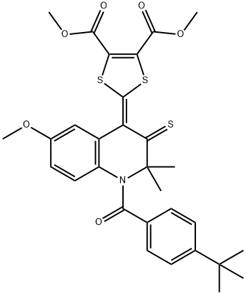 dimethyl 2-(1-(4-tert-butylbenzoyl)-6-methoxy-2,2-dimethyl-3-thioxo-2,3-dihydro-4(1H)-quinolinylidene)-1,3-dithiole-4,5-dicarboxylate Struktur