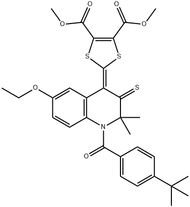 dimethyl 2-(1-(4-tert-butylbenzoyl)-6-ethoxy-2,2-dimethyl-3-thioxo-2,3-dihydro-4(1H)-quinolinylidene)-1,3-dithiole-4,5-dicarboxylate Struktur