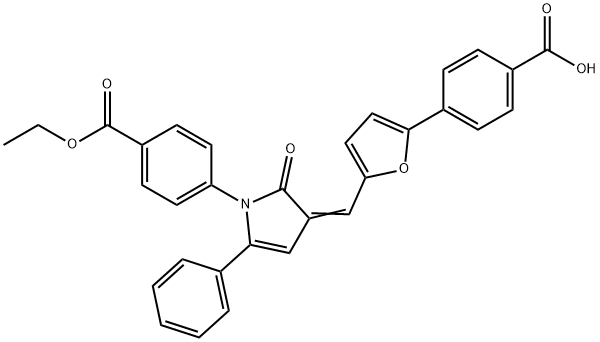 4-[3-({5-[4-(ethoxycarbonyl)phenyl]-2-furyl}methylene)-2-oxo-5-phenyl-2,3-dihydro-1H-pyrrol-1-yl]benzoic acid Struktur