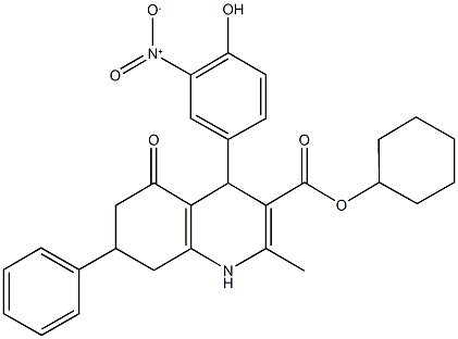 cyclohexyl 4-{4-hydroxy-3-nitrophenyl}-2-methyl-5-oxo-7-phenyl-1,4,5,6,7,8-hexahydro-3-quinolinecarboxylate Struktur