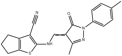 2-({[3-methyl-1-(4-methylphenyl)-5-oxo-1,5-dihydro-4H-pyrazol-4-ylidene]methyl}amino)-5,6-dihydro-4H-cyclopenta[b]thiophene-3-carbonitrile Struktur